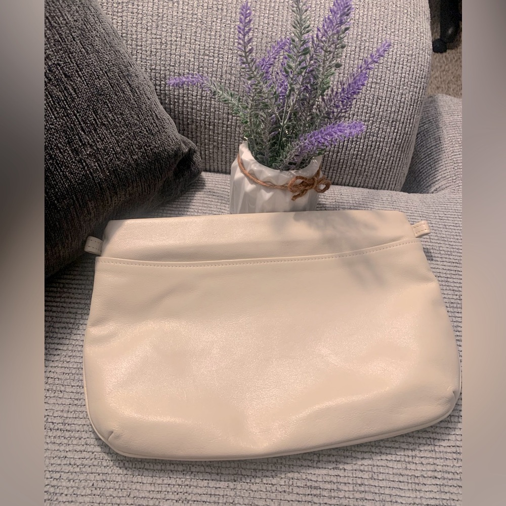 Cream Minimalist Pouch Clutch Bag Two Compartment Zip Cosmetic Travel Organizer - Picture 8 of 8